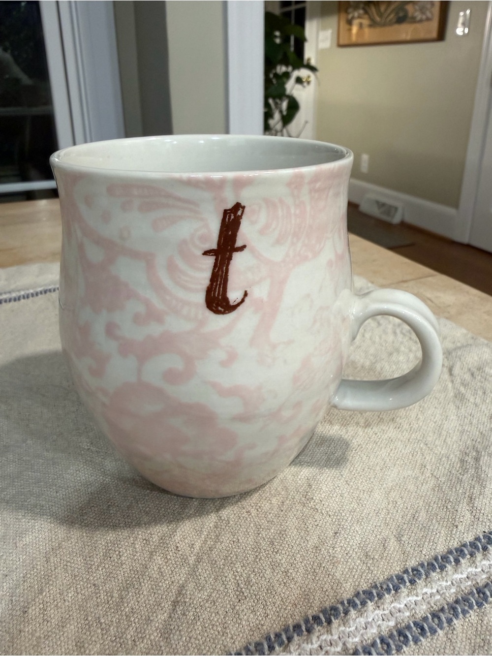 Anthropologie Homegrown Monogram Initial T Pink Floral Coffee Tea Mug Cup